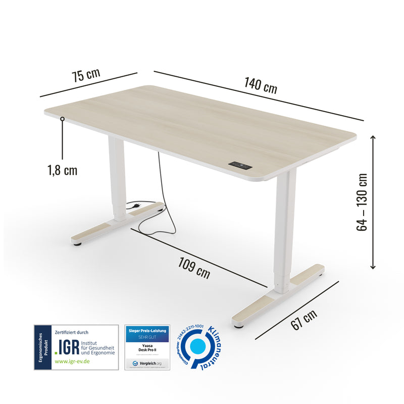 Abmessungen des Preis-Leistung-Siegers Yaasa Desk Pro 2 in 140 x 75 cm in der Farbe Akazie und mit IGR Zertifikat.
