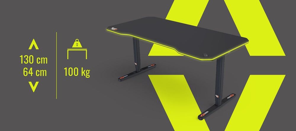 Der Desk Pro Play Gaming Desk kann mit bis zu 100 kg belastet werden und ist von 64 bis 130 cm höhenverstellbar.