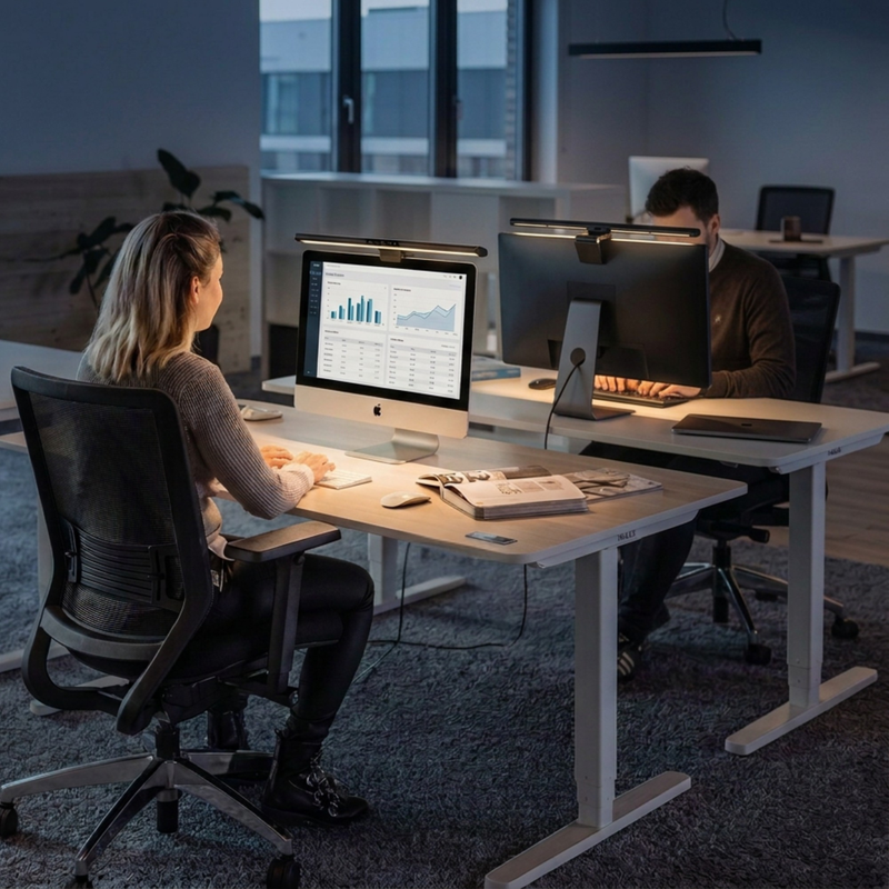 Zwei Personen arbeiten an höhenverstellbaren Schreibtischen mit YAASA Monitor Lampen zur Bildschirmbeleuchtung in einem modernen Büro.