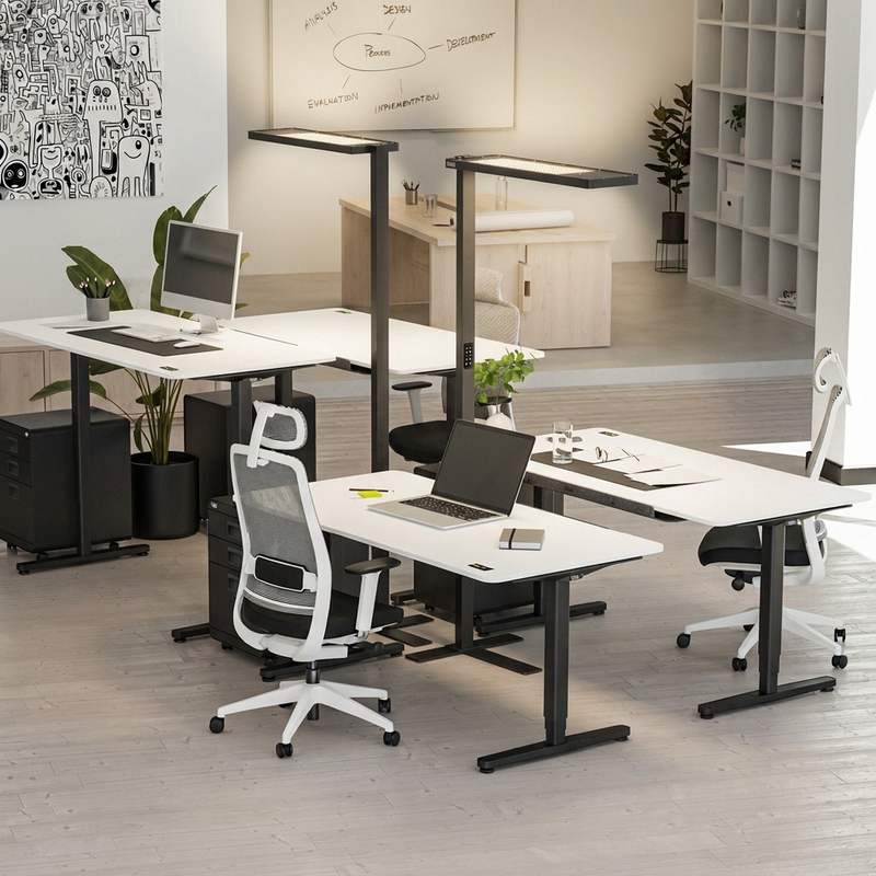Zwei schwarze YAASA Lamp Expert leuchten in einem modernen Büro jeweils 2 Arbeitsplätze aus.