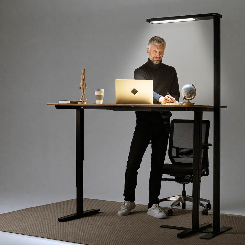 Schwarze YAASA Lamp Expert beleuchtet einen höhenverstellbaren Schreibtisch mit stehend arbeitender Person.