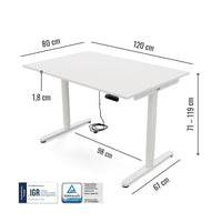 Abmessungen des Yaasa Desk Essential 120 x 80 cm in der Farbe Weiß mit IGR-Siegel.