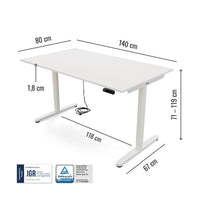 Abmessungen des Yaasa Desk Essential 140 x 80 cm in der Farbe Weiß mit IGR-Siegel.