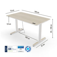 Abmessungen des Preis-Leistung-Siegers Yaasa Desk Pro 2 in 140 x 75 cm in der Farbe Akazie und mit IGR Zertifikat.