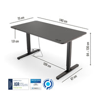Abmessungen des Preis-Leistung-Siegers Yaasa Desk Pro 2 in 140 x 75 cm in der Farbe Dunkelgrau/Schwarz und mit IGR Zertifikat.