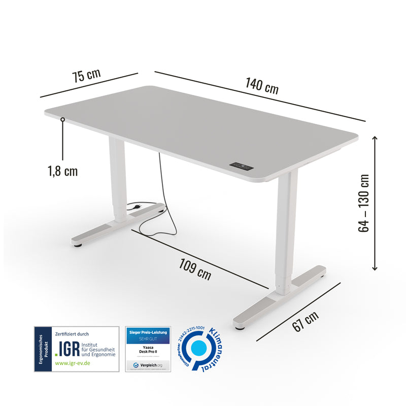 Abmessungen des Preis-Leistung-Siegers Yaasa Desk Pro 2 in 140 x 75 cm in der Farbe Hellgrau und mit IGR Zertifikat.