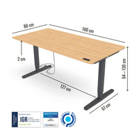 Abmessungen des Preis-Leistung-Siegers Yaasa Desk Pro 2 in 160 x 80 cm in der Farbe Eiche Vollholz/Schwarz und mit IGR Zertifikat.