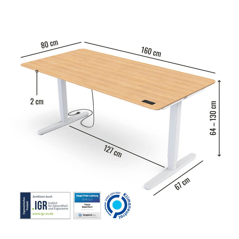 Abmessungen des Preis-Leistung-Siegers Yaasa Desk Pro 2 in 160 x 80 cm in der Farbe Eiche Vollholz/Weiß und mit IGR Zertifikat.