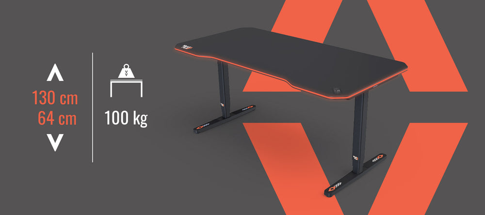 Der Desk Pro Play ist zwischen 64 und 130 cm höhenverstellbar und kann bis zu 100 kg tragen.
