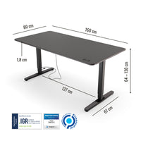 Abmessungen des Preis-Leistung-Siegers Yaasa Desk Pro 2 in 160 x 80 cm in der Farbe Dunkelgrau/Schwarz und mit IGR Zertifikat.