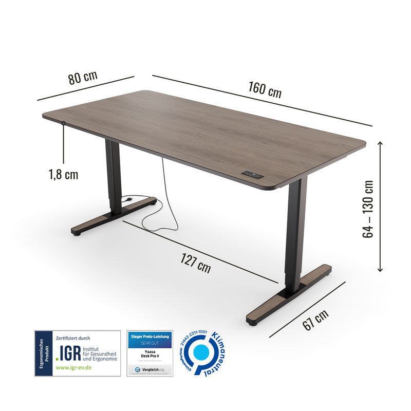 Abmessungen des Preis-Leistung-Siegers Yaasa Desk Pro 2 in 160 x 80 cm in der Farbe Eiche und mit IGR Zertifikat.