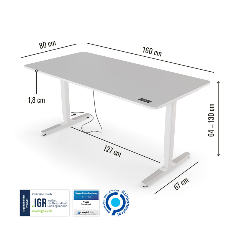 Abmessungen des Preis-Leistung-Siegers Yaasa Desk Pro 2 in 160 x 80 cm in der Farbe Hellgrau und mit IGR Zertifikat.