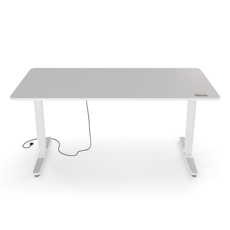 Desk Pro 2 mit hellgrauer Tischplatte 160 x 80 cm und eingebautem Bedienelement zur Höhenverstellung.