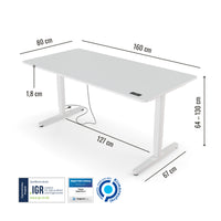 Abmessungen des Preis-Leistung-Siegers Yaasa Desk Pro 2 in 160 x 80 cm in der Farbe Offwhite und mit IGR Zertifikat.