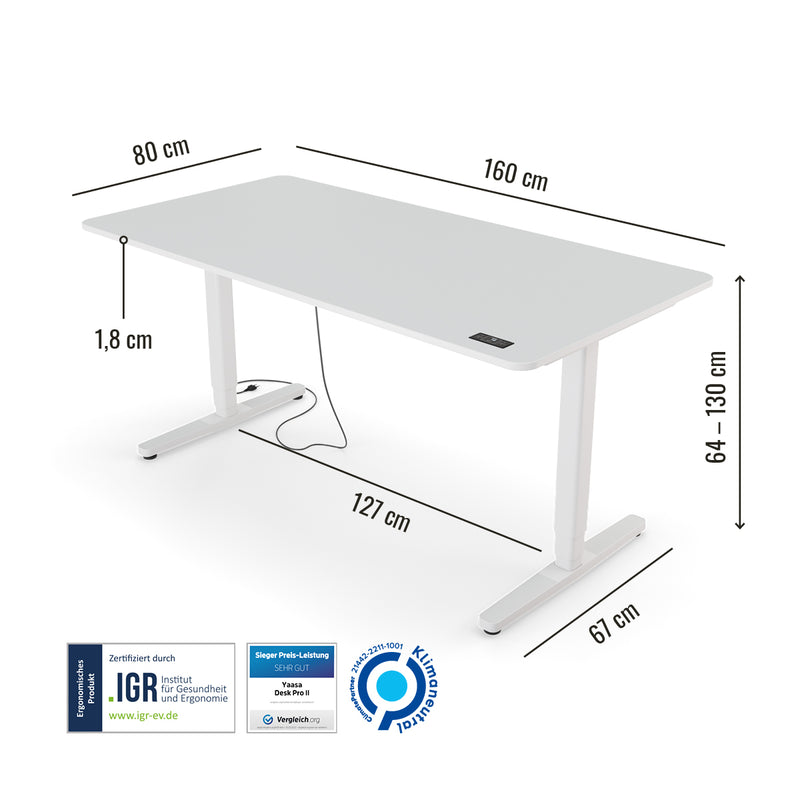 Abmessungen des Preis-Leistung-Siegers Yaasa Desk Pro 2 in 160 x 80 cm in der Farbe Offwhite und mit IGR Zertifikat.