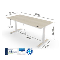 Abmessungen des Preis-Leistung-Siegers Yaasa Desk Pro 2 in 180 x 80 cm in der Farbe Akazie und mit IGR Zertifikat.