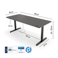 Abmessungen des Preis-Leistung-Siegers Yaasa Desk Pro 2 in 180 x 80 cm in der Farbe Dunkelgrau/Schwarz und mit IGR Zertifikat.