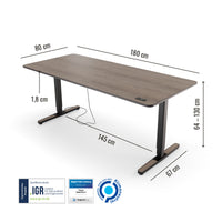 Abmessungen des Preis-Leistung-Siegers Yaasa Desk Pro 2 in 180 x 80 cm in der Farbe Eiche und mit IGR Zertifikat.