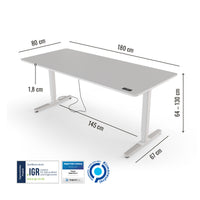 Abmessungen des Preis-Leistung-Siegers Yaasa Desk Pro 2 in 180 x 80 cm in der Farbe Hellgrau und mit IGR Zertifikat.
